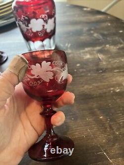 Vintage Czech Bohemian Ruby Cut-To-Clear Decanter And 4 Glasses