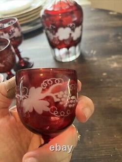 Vintage Czech Bohemian Ruby Cut-To-Clear Decanter And 4 Glasses