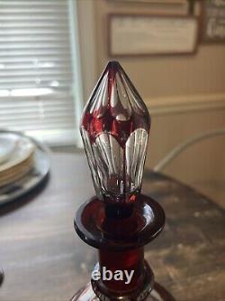 Vintage Czech Bohemian Ruby Cut-To-Clear Decanter And 4 Glasses