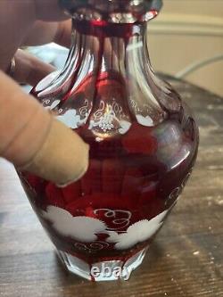 Vintage Czech Bohemian Ruby Cut-To-Clear Decanter And 4 Glasses