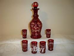 Vintage Czech Bohemian Ruby Cut To Clear Decanter With (6) Cordial Glasses