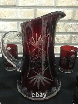 Vintage Czech Bohemian Ruby Red Crystal Cut To Clear Pitcher And 6 Glasses Set