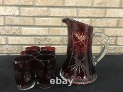 Vintage Czech Bohemian Ruby Red Crystal Cut To Clear Pitcher And 6 Glasses Set