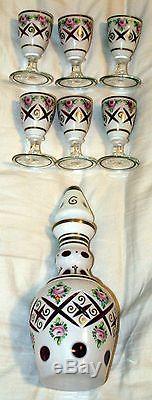 Vintage Czech Bohemian White Cased Cut to Cranberry Decanter and 6 Glasses Used