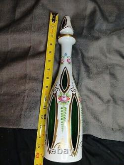 Vintage Czech Moser Bohemian White Cased to Cut Green Glass Decanter