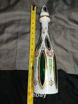 Vintage Czech Moser Bohemian White Cased to Cut Green Glass Decanter