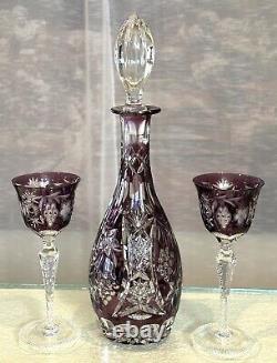 Vintage Decanter Crystal Cut to Clear Amethyst Nachtmann Traube & 2 Wine Glass