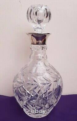 Vintage Diamond Cut Crystal Decanter Solid Silver Collar Charles S Green 1980