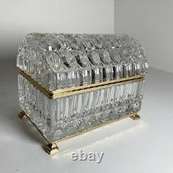 Vintage Dimond Cut Crystal Footed Hinged Trinket Box -Treasure Chest Shape