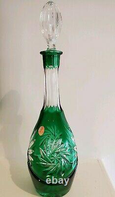 Vintage Dresden Emerald Green Cut To Clear 24% Pbo Lead Crystal Decanter 15 1/2