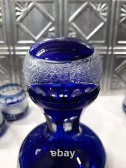 Vintage Edo Kiriko Glass Cobalt Blue Cut to Clear Decanter Set, Rare Elegant Col