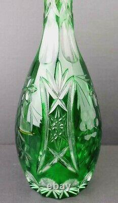 Vintage Emerald Green Cut to Clear Crystal Glass Decanter with Faceted Stopper