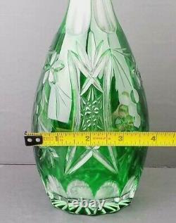 Vintage Emerald Green Cut to Clear Crystal Glass Decanter with Faceted Stopper