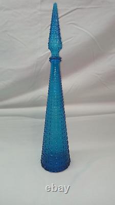 Vintage Empoli Italy Blue Glass Genie Diamond Cut Decanter With Hobnail Stopper