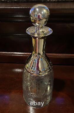 Vintage Etched Cut Crystal Decanter Stainless Steel Silver stopper & collar 12
