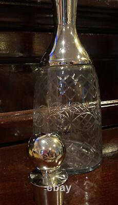 Vintage Etched Cut Crystal Decanter Stainless Steel Silver stopper & collar 12