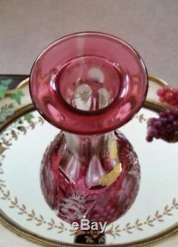 Vintage German 14-1/2 Cranberry Cut to Clear Crystal Decanter, with Label