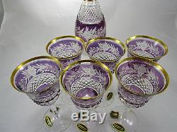Vintage German Amethyst Cut To Clear Crystal Glass Decanter Set w 6 Wine Goblets