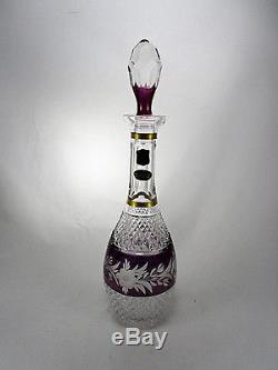 Vintage German Amethyst Cut To Clear Crystal Glass Decanter Set w 6 Wine Goblets