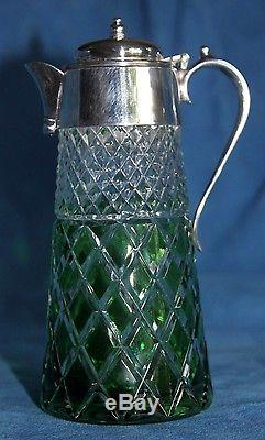 Vintage Green Clear Syrup Pitcher Claret Decanter Silver Plate Cut Pressed Glass