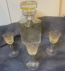 Vintage, Heavy Crystal Decanter & 3 Piece Set Of Fine Crystal Cut Glasses