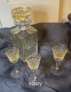 Vintage, Heavy Crystal Decanter & 3 Piece Set Of Fine Crystal Cut Glasses