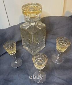 Vintage, Heavy Crystal Decanter & 3 Piece Set Of Fine Crystal Cut Glasses