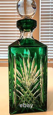 Vintage Hungarian Hand Made Hand Cut Cut to Clear Emerald Green Crystal Decanter