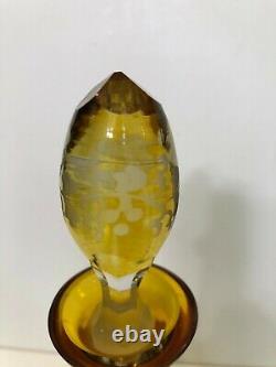 Vintage Moser Bohemian Cut Glass Amber Liquor Decanter with4 Goblets