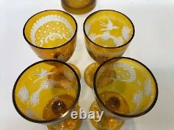 Vintage Moser Bohemian Cut Glass Amber Liquor Decanter with4 Goblets