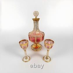 Vintage Moser Cranberry Decanter With Two Cordial Glasses. Beautiful Condition