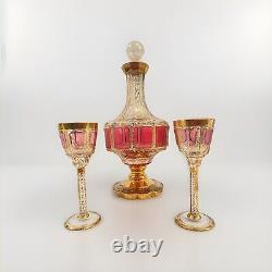 Vintage Moser Cranberry Decanter With Two Cordial Glasses. Beautiful Condition