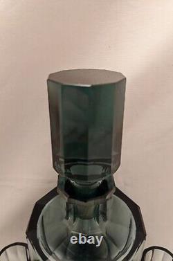 Vintage Moser Style Geometric Cut Smokey Blue/Green Glass Decanter & Two Glasses