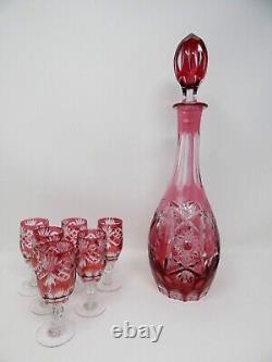 Vintage Nachtman Traube Cut Glass Lead Crystal Red Decanter Cordial Glass Set