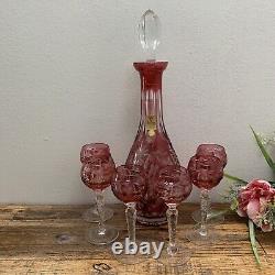Vintage Nachtmann Cranberry Cut to Clear Crystal Decanter & 6 Cordials