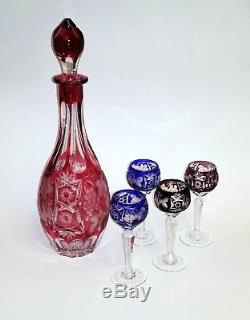 Vintage Nachtmann Traube Ruby Red Cut Crystal Decanter Set 4 Cordial Glasses