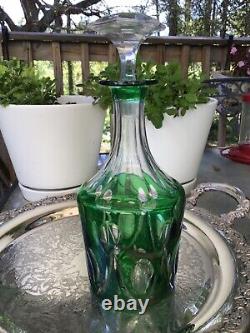 Vintage Natchmann Cut Crystal Green Decanter. Green Overlay Cut To Clear 11 Inch