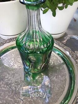 Vintage Natchmann Cut Crystal Green Decanter. Green Overlay Cut To Clear 11 Inch
