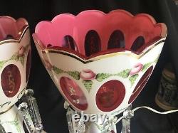 Vintage Pair Large 14 Tall White Cut to Cranberry Glass Bohemian Mantel Lustres