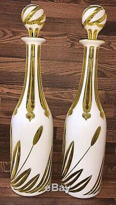 Vintage Pair Of Bohemian Czech Cased White To Yellow Cut Glass Decanters