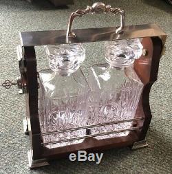 Vintage Pair Of Collectable Cut Glass Decanters in Solid Wood Tantalus -Lockable