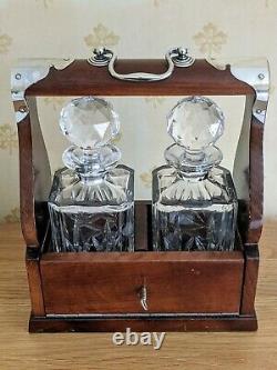 Vintage Pair Of Collectable Cut Glass Decanters in Solid Wood Tantalus with Key