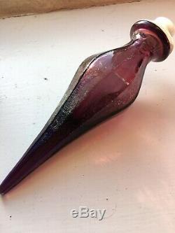 Vintage Plum Glass Genie Bottle 1960s Italian Empoli 58cm Diamond Cut Decanter