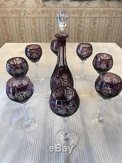Vintage Purple Cut To Clear Bohemian Crystal Decanter And 8 Glasses