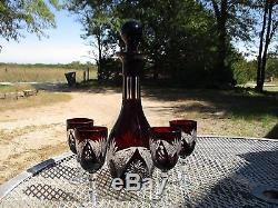Vintage Red/Burgundy Cut to Clear Crystal Bohemian Sangria Decanter Set