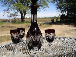 Vintage Red/Burgundy Cut to Clear Crystal Bohemian Sangria Decanter Set