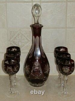 Vintage Ruby Cut To Clear 7 Piece Liquor Set Decanter And 6 Stems