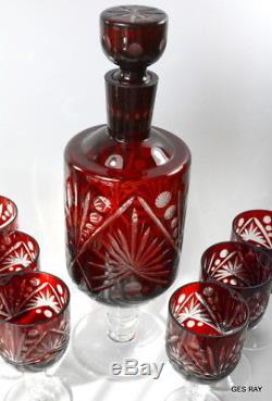 Vintage Ruby Red Cut to Clear Bohemian Czech Crystal Decanter & 6 glasses set