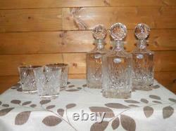 Vintage Set 3 Crystal Cut Glass Decanters & Matching 3 Glasses & Wooden Tantalus
