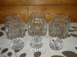 Vintage Set 3 Crystal Cut Glass Decanters & Matching 3 Glasses & Wooden Tantalus